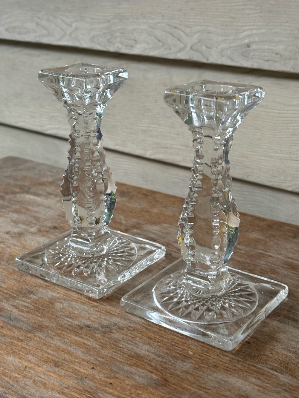 VTG Antique Edwardian clear glass candleholders made by H.C. Fry Glass Company